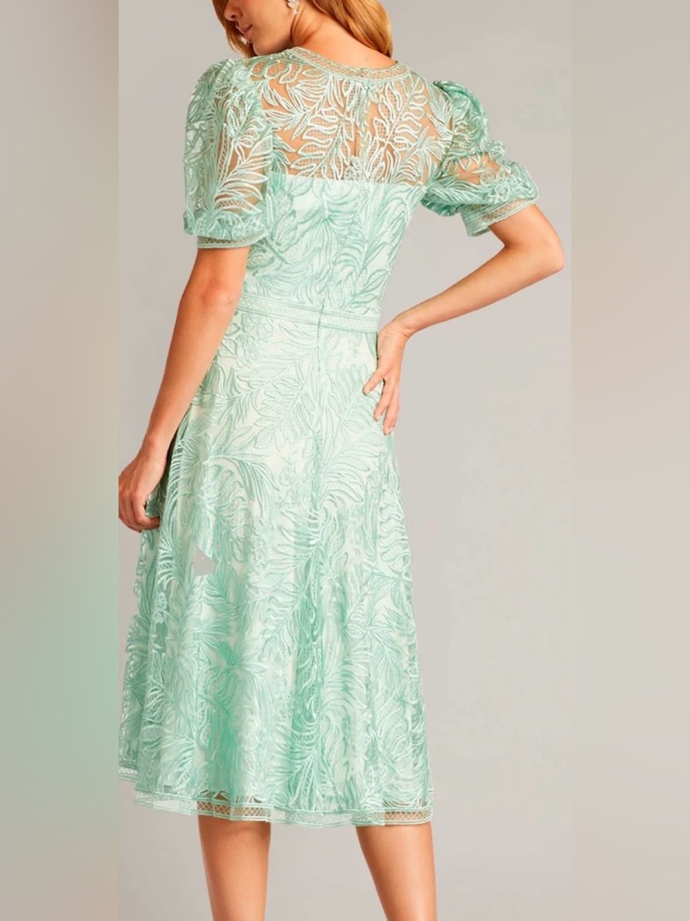 Tadashi Shoji Mint Green Leaf-Embroidered Midi Dress - Picture 2 of 8